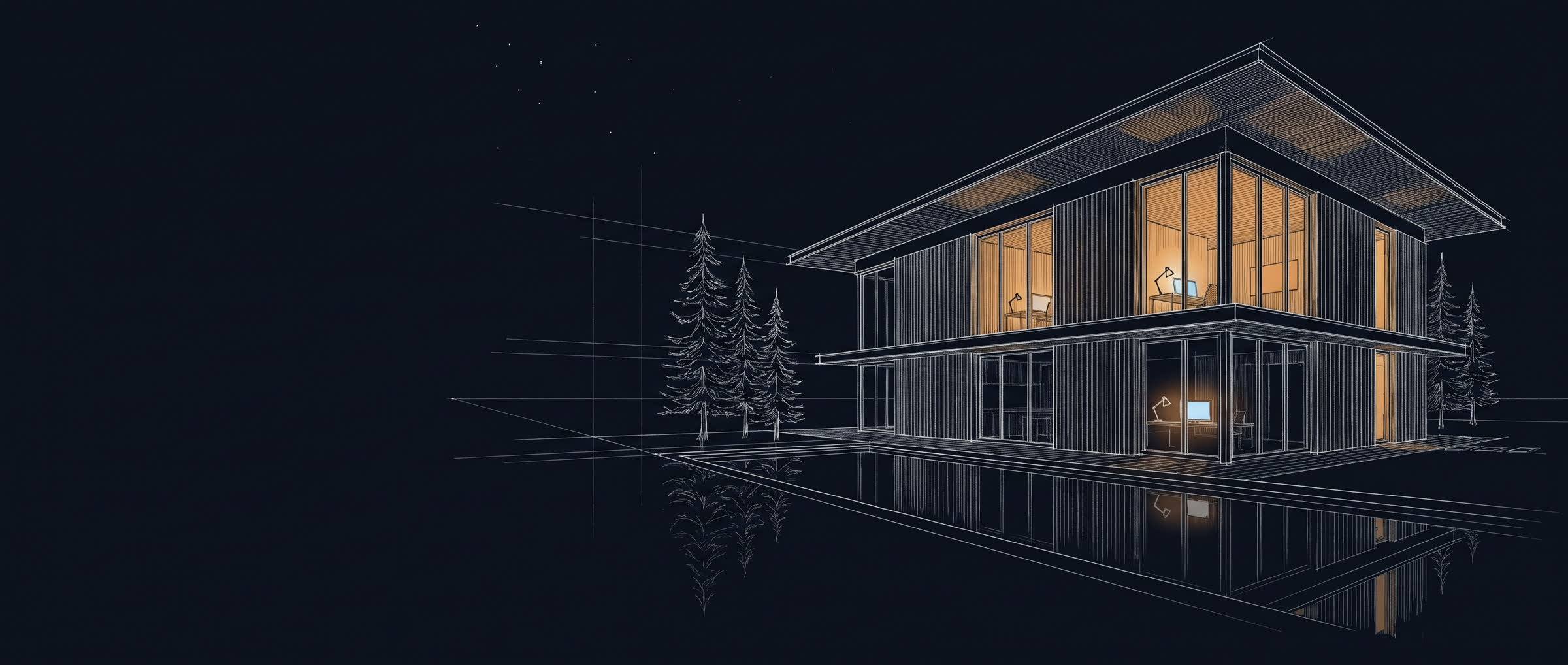 A pen-and-ink drawing of a modern house at night. Three rooms are lit amber, each with a desk lamp and a glowing screen.